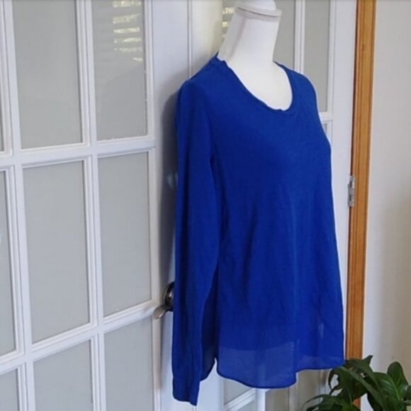 NWOT A.N.A High Low Blue Long Sleeve Sheer Back Top - Picture 2 of 10